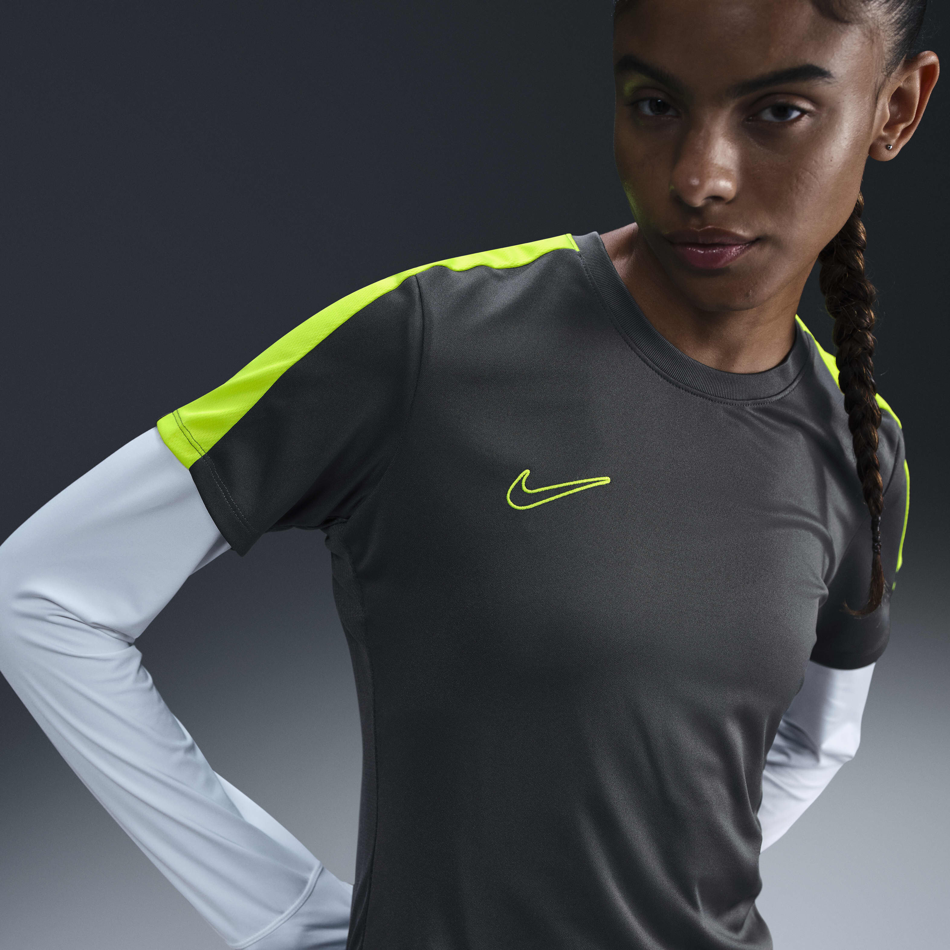Buy Nike Dri FIT Academy Women s Short Sleeve Football Top Anthracite Volt Volt Nike Saudi Official