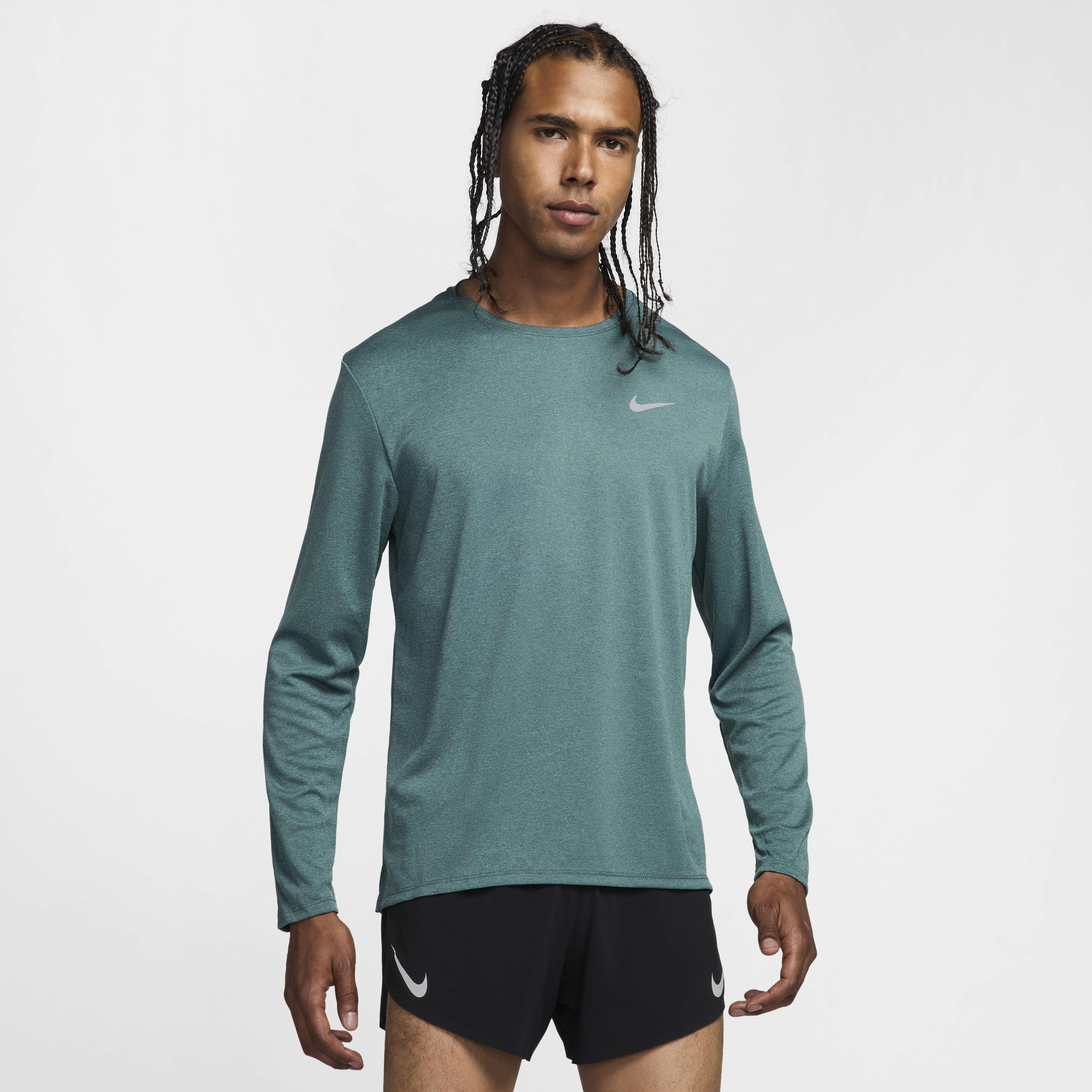 Buy Nike Miler Men s Dri FIT UV Long Sleeve Running Top Vintage Green Bicoastal Heather Nike Saudi Official