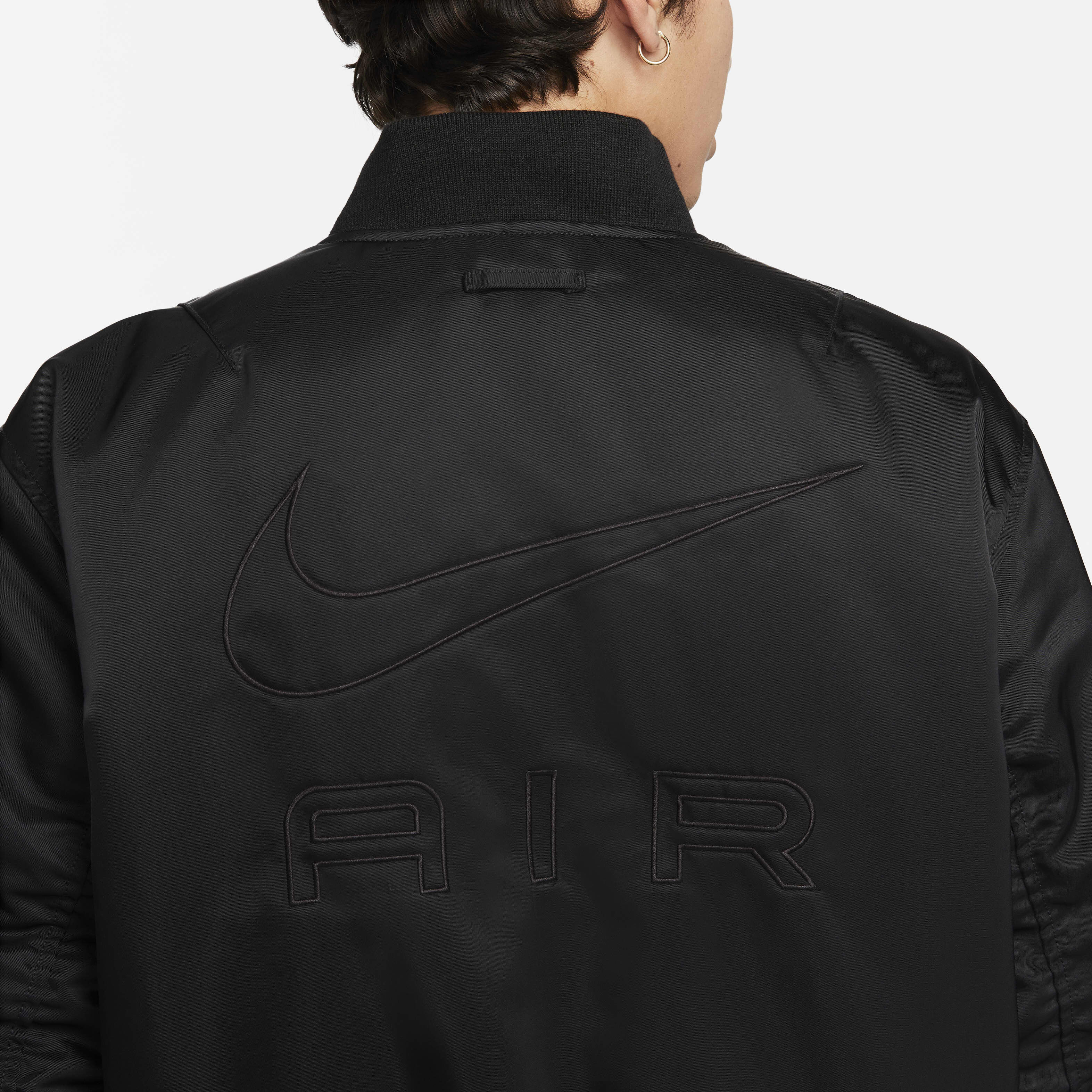 【美品】Nike Air Men's Bomber Jacket Nike Bomber Black Jacket Air Allover Swoosh Logo Satin Coat