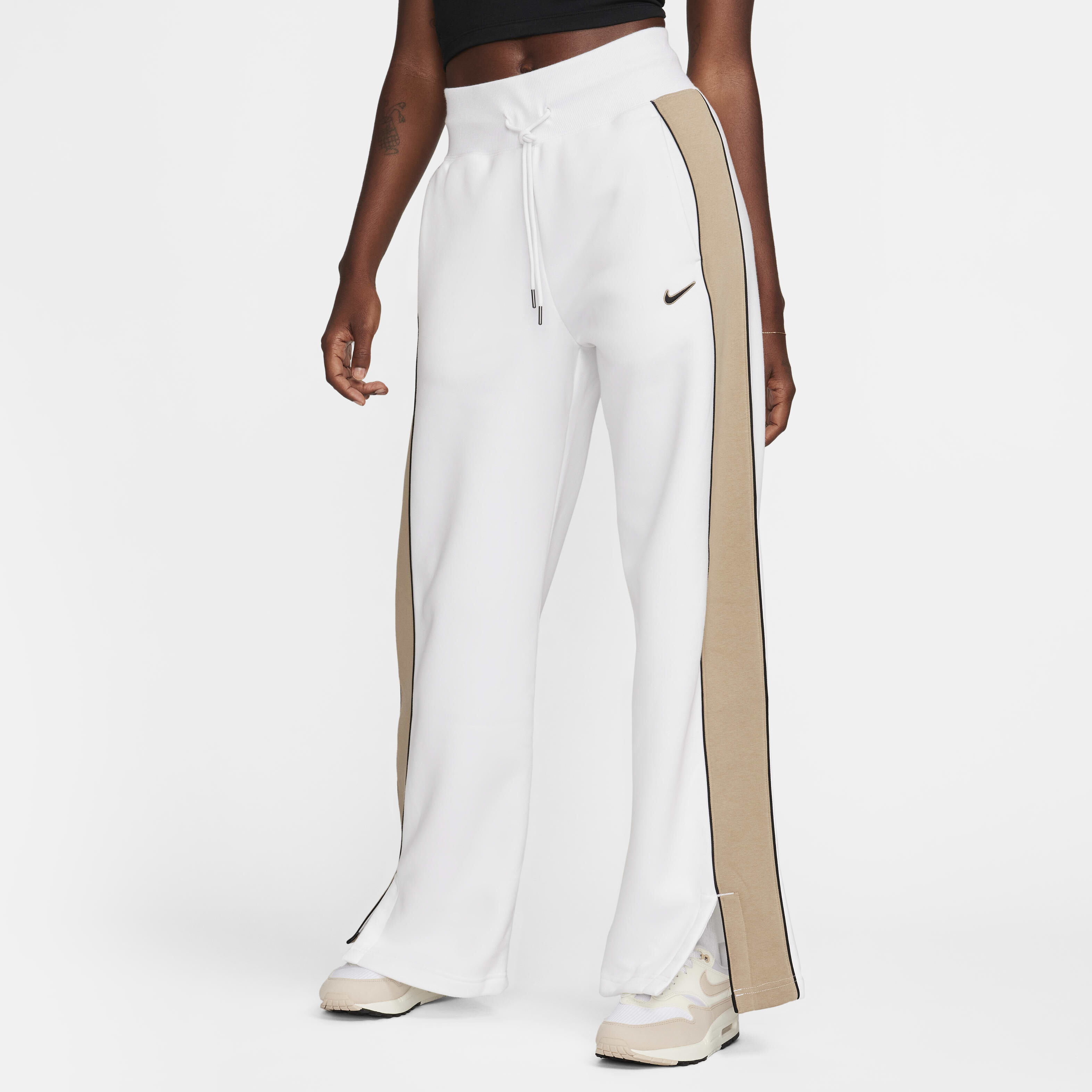 Buy Nike Sportswear Phoenix Fleece Women s High Waisted Open Hem Tracksuit Bottoms White Khaki Black Nike Saudi Official