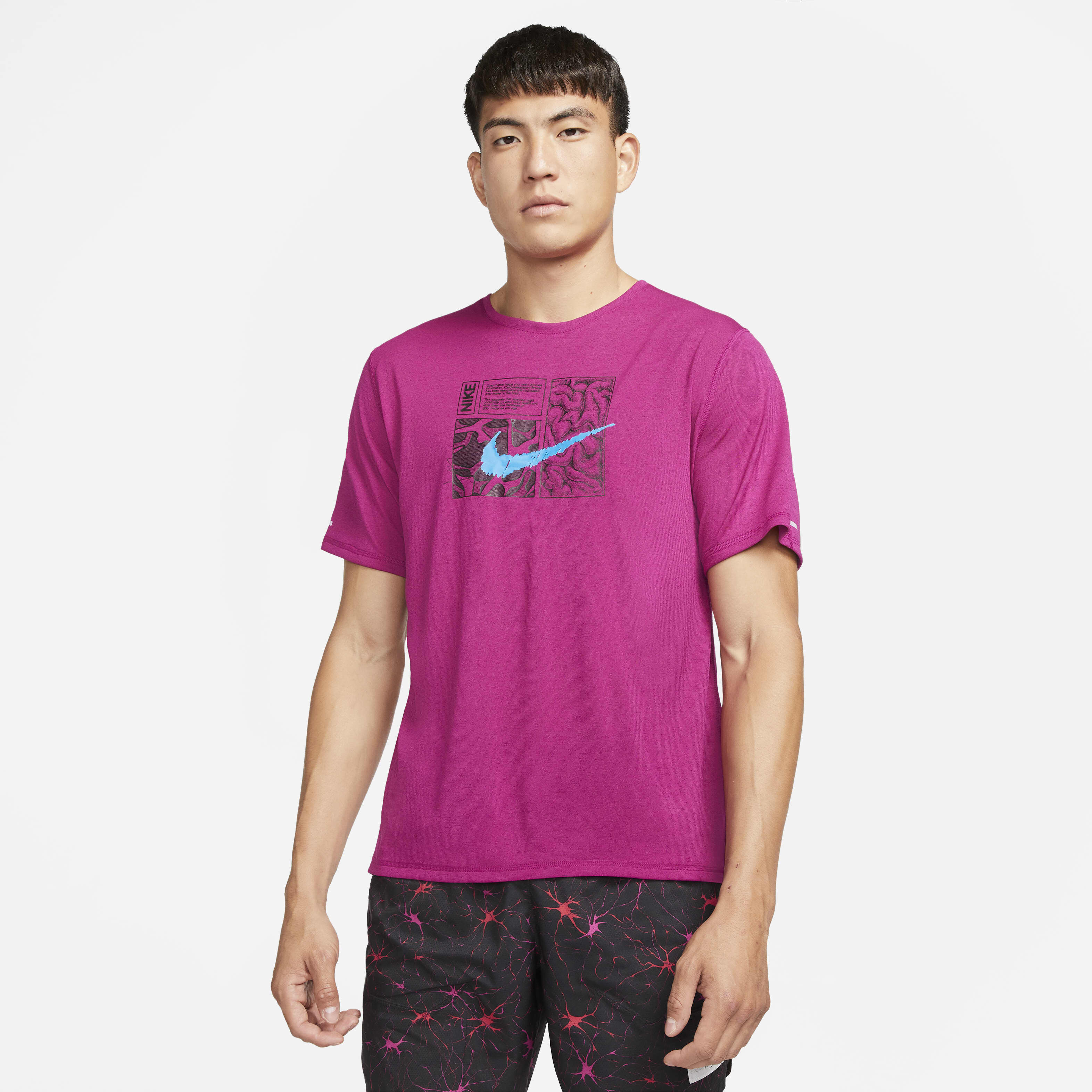 Buy Nike Dri FIT Miler D.Y.E. Men s Short Sleeve Running Top Dynamic Berry Laser Blue Nike Saudi Official