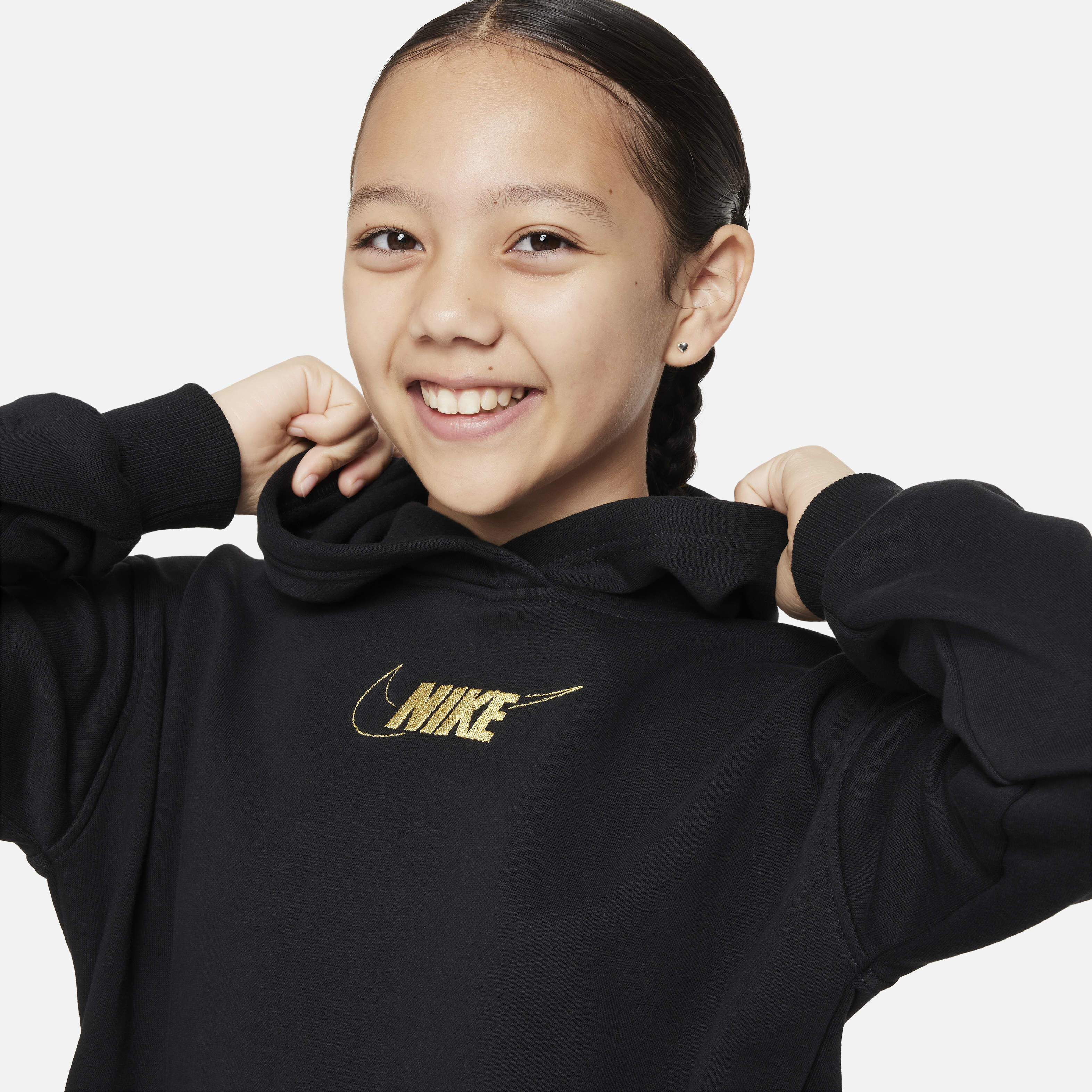 Buy Nike Sportswear Club Fleece Older Kids Girls Hoodie Dress Black Metallic Gold Nike Saudi Official