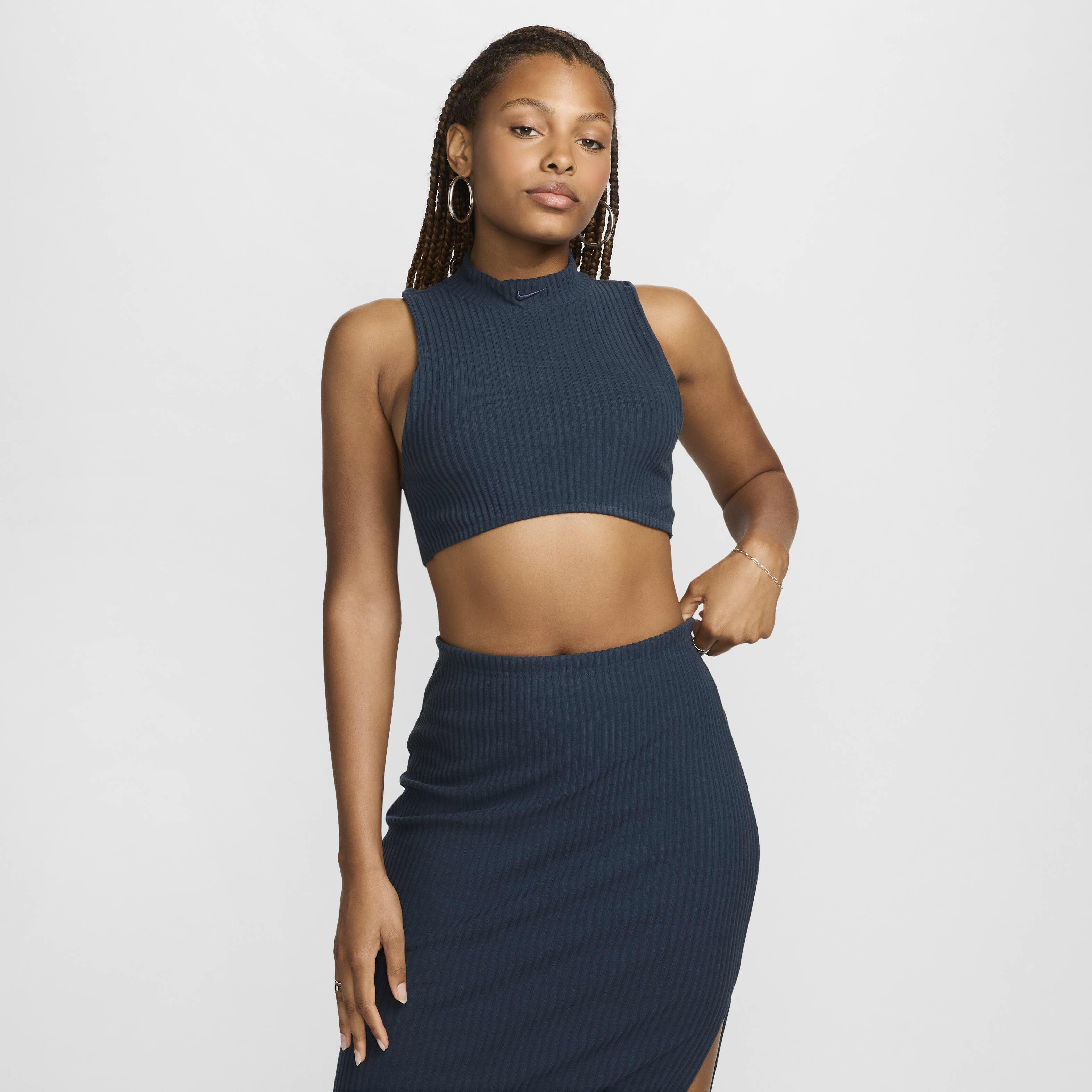 Buy Nike Sportswear Chill Rib Women s Tight Mock Neck Cropped Tank Top Armoury Navy Armoury Navy Nike Saudi Official